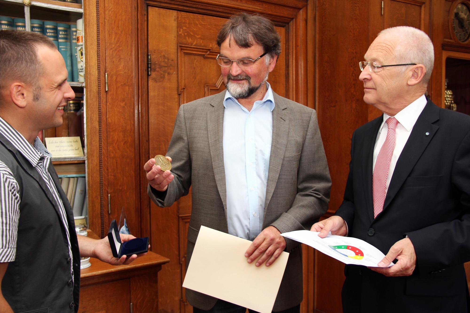 Rudolf Schnug (Mitte) erhielt von Memmingens OB Dr. Ivo Holzinger (r.) die Wetterdienst-Plakette, Foto: Stadt Memmingen