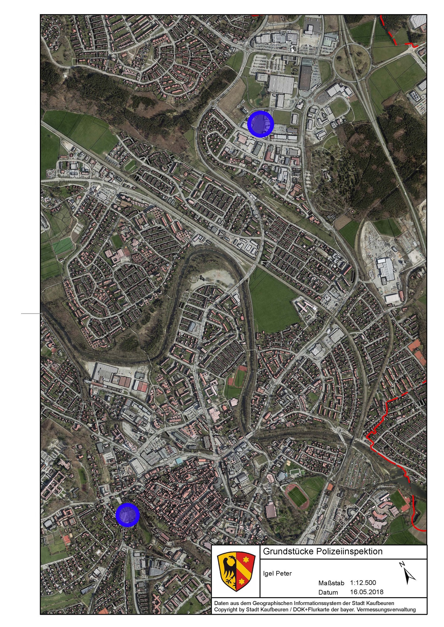 Lageplan - an diesen zwei Orten könnte das neue Polizeigebäude entstehen. Foto: Stadt Kaufbeuren