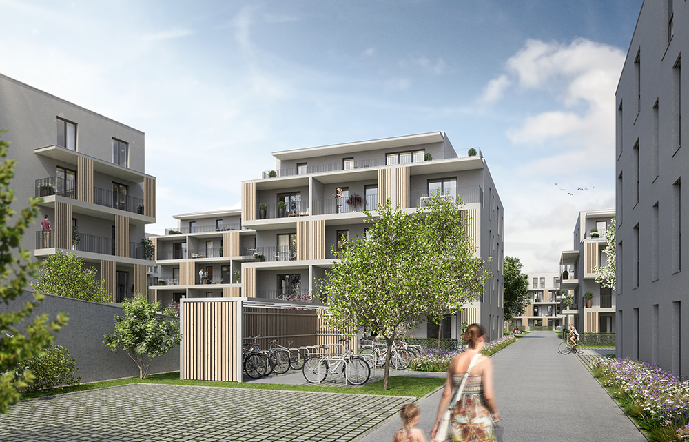 Visualisierung des Quartiers Römertor in Gersthofen mit Fahrradständern im Innenhof. Foto: ZIMA Wohn- und Projektmanagement GmbH