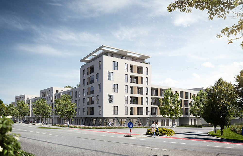 Visualisierung des Quartiers Römertor in Gersthofen, Blick von der Straße aus. Foto: ZIMA Wohn- und Projektmanagement GmbH