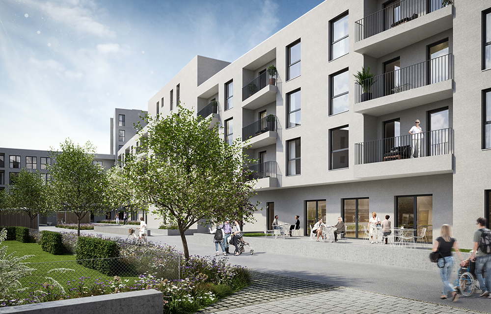 Visualisierung des Quartiers Römertor in Gersthofen mit Blick auf ein mögliches Café. Foto: ZIMA Wohn- und Projektmanagement GmbH