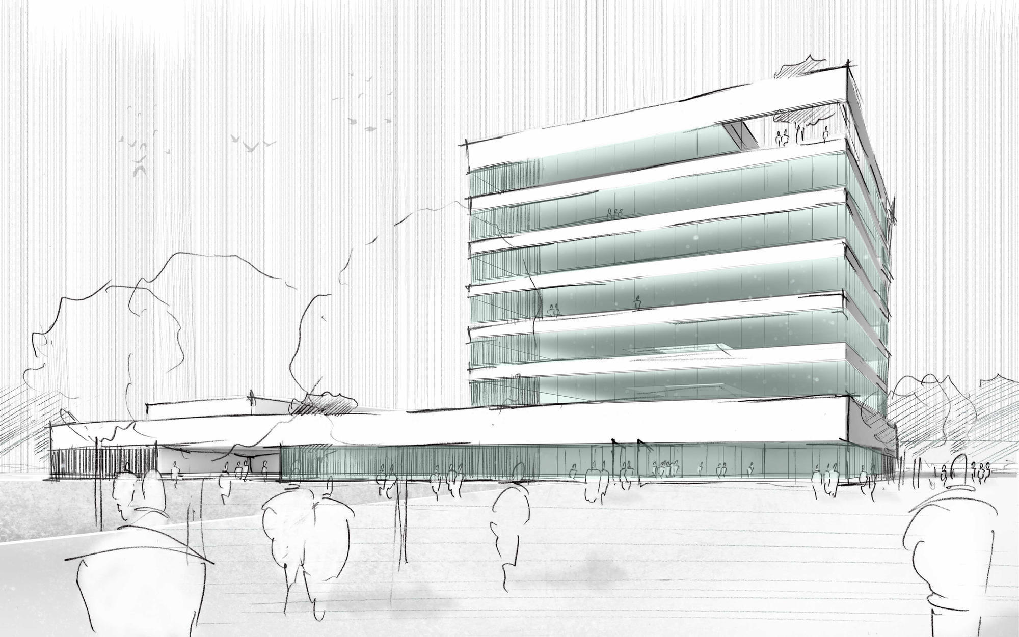Die skizzierte Ansicht zeigt den Blick von der Bürgermeister-Ackermann-Straße aus auf den Haupteingang der neuen Firmenzentrale. Skizze: Architekturbüro Lamott + Lamott