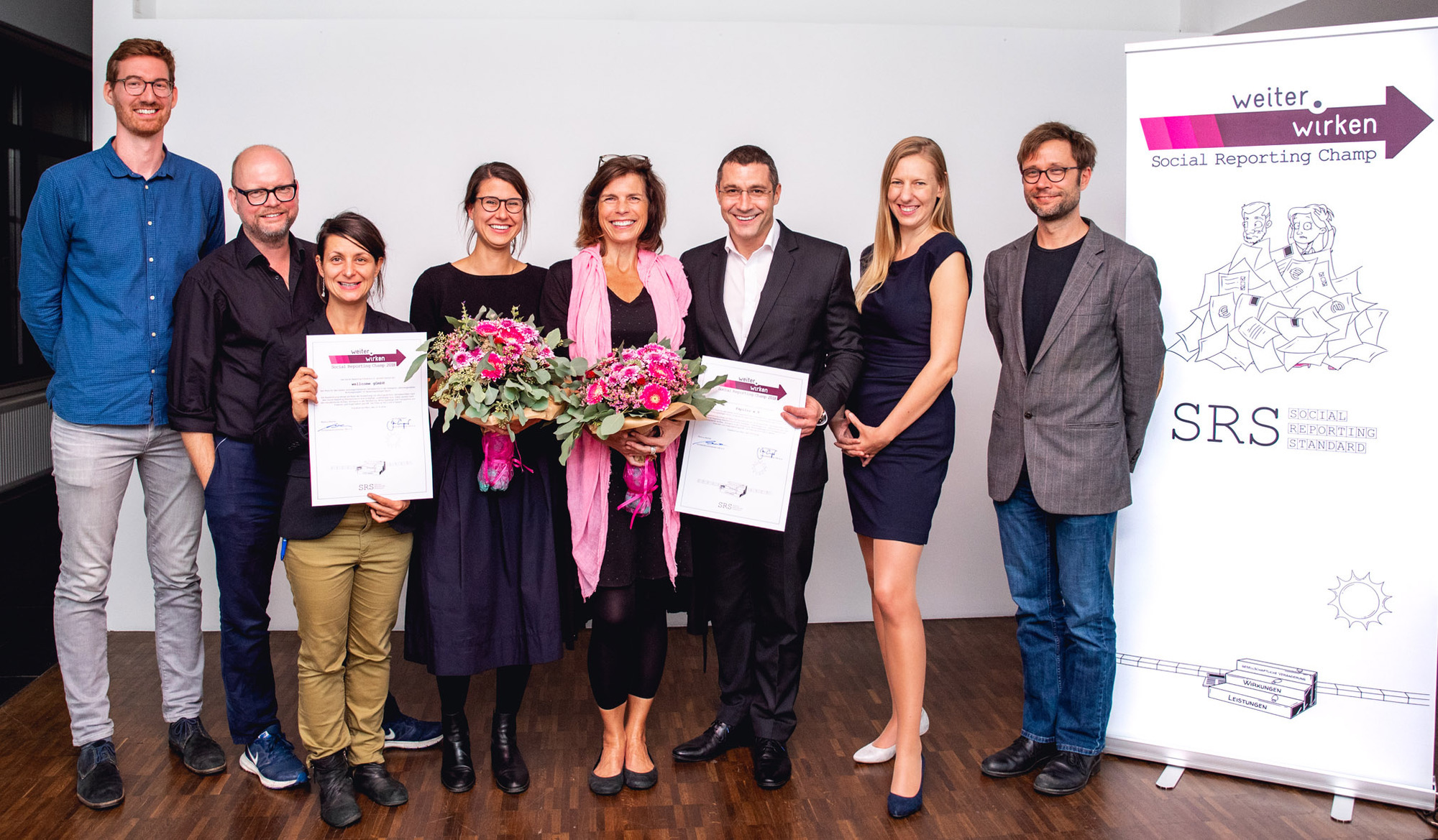 v.l.: Ben Spöler (Auridis), Jan Engelmann (SRI), Alissa Schrumpf (wellcome), Nicole Fichtner und Bernd Fischl (Papilio), Sarah Ulrich (Education Y) und Benjamin von der Ahe (Phineo). Foto: Abbi Wensyel