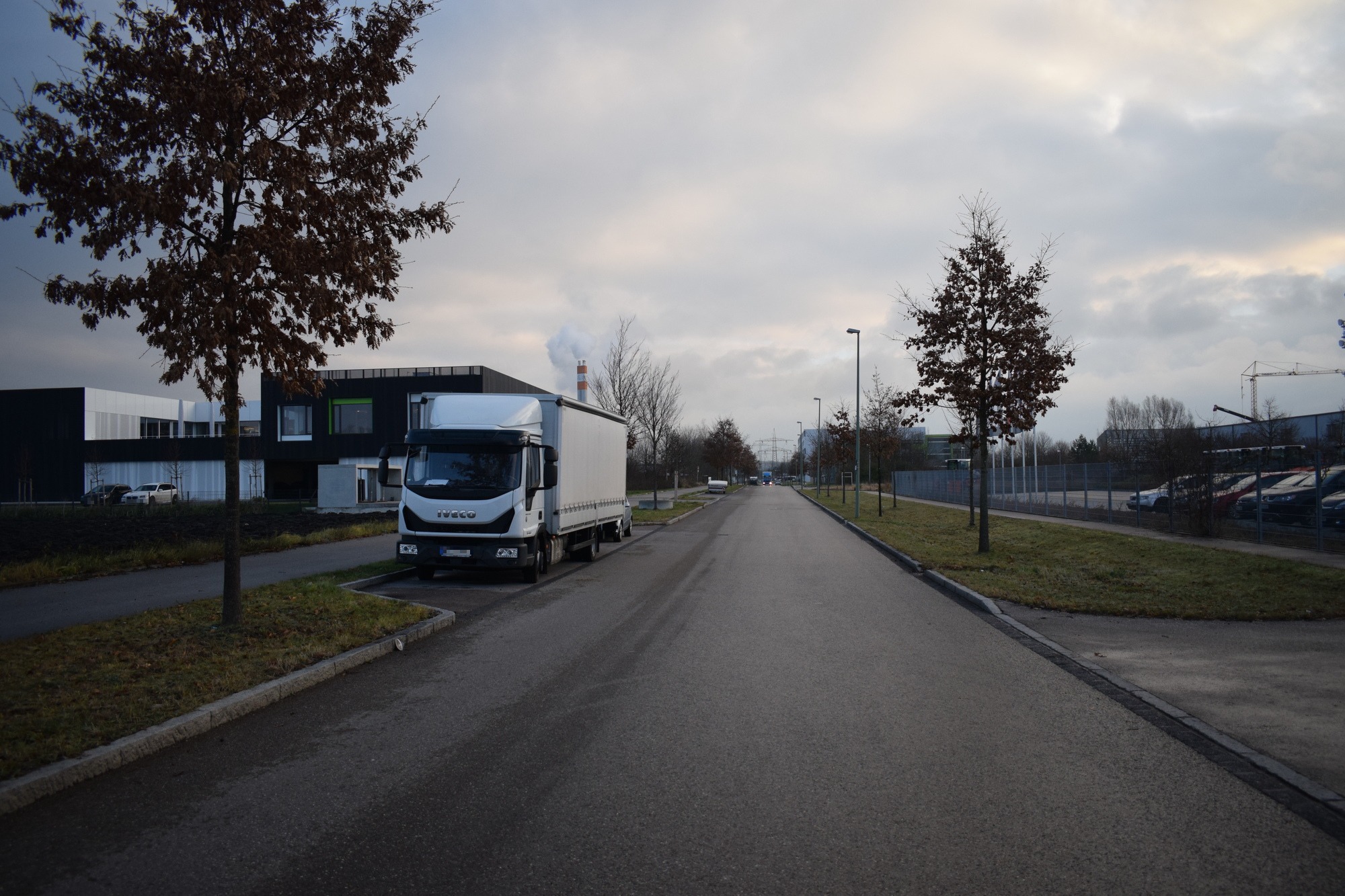 An einige Straßen im Gewerbegebiet gibt es bereits Bäume und Rasen.