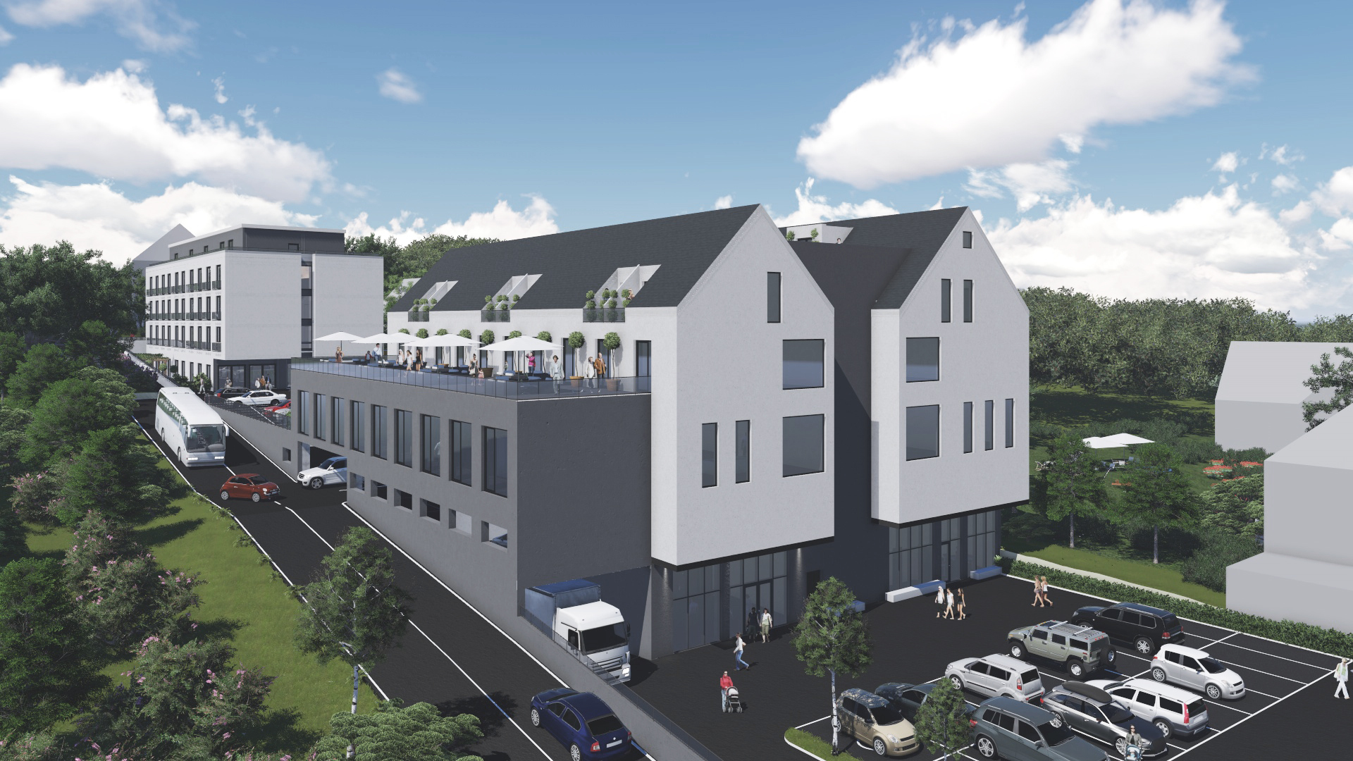Das Hotel entsteht in einem Ensemble gemeinsam mit dem neuen Stadthaus in Burgau. Visualisierung: Architekturbüro Ferrara