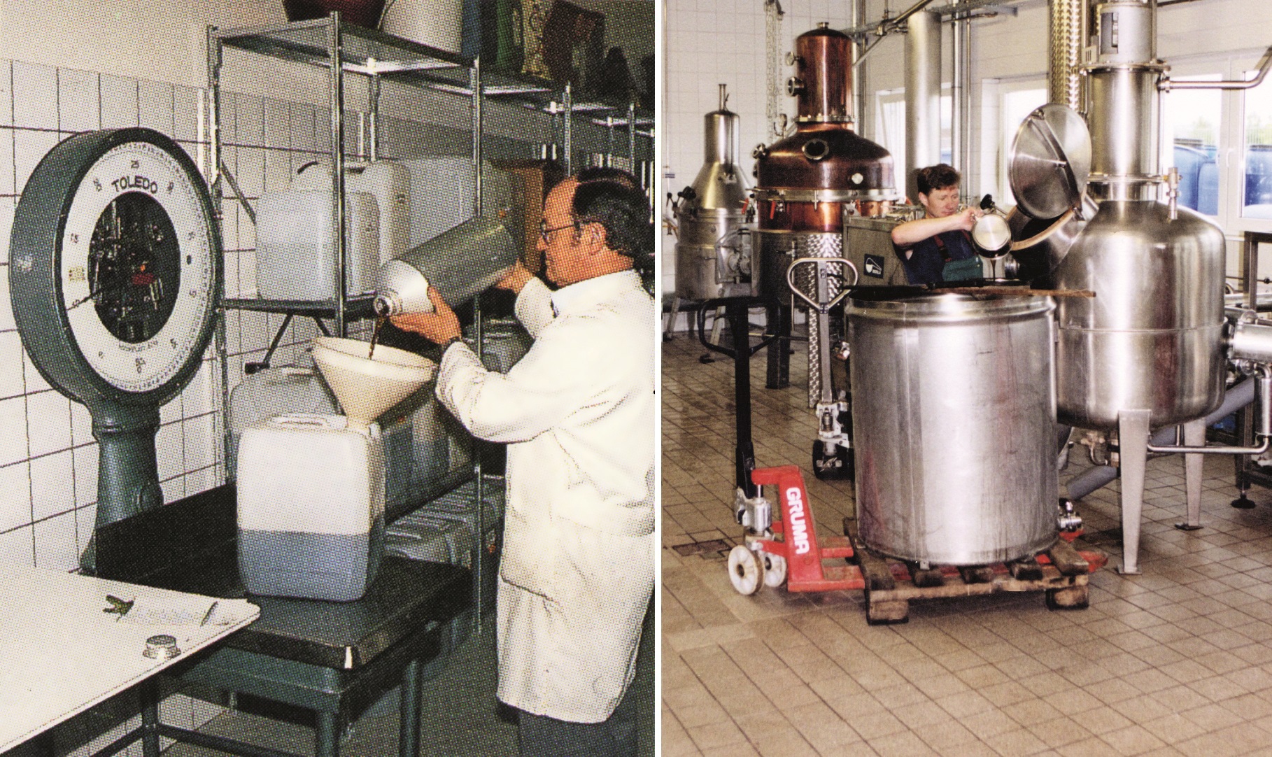 Damals wie heute: Die Destillation ist eine hohe Handwerkskunst (l. 1985, r. 90er Jahre). Foto: Destilla