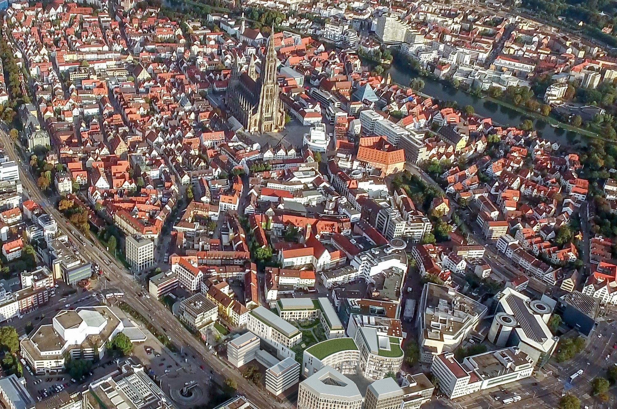 Symbolbild. Die Stadt Ulm aus der Luft. Nachwuchsunternehmen aus der Region sollen während Corona mehr unterstützt werden. Foto: DC Developmen