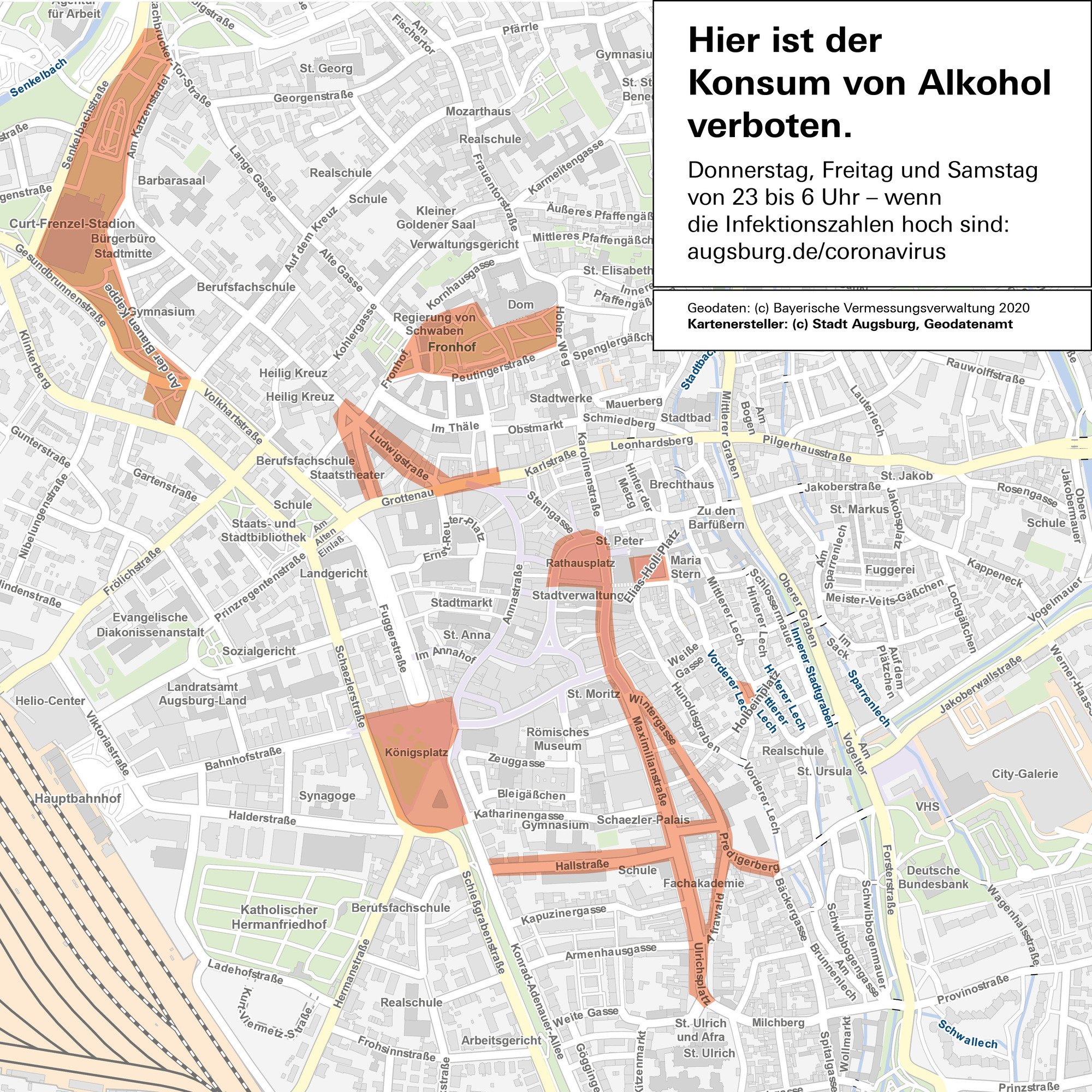 An diesen Orten ist der Konsum von Alkohol in Augsburg aktuell eingeschränkt. Foto: Stadt Augsburg