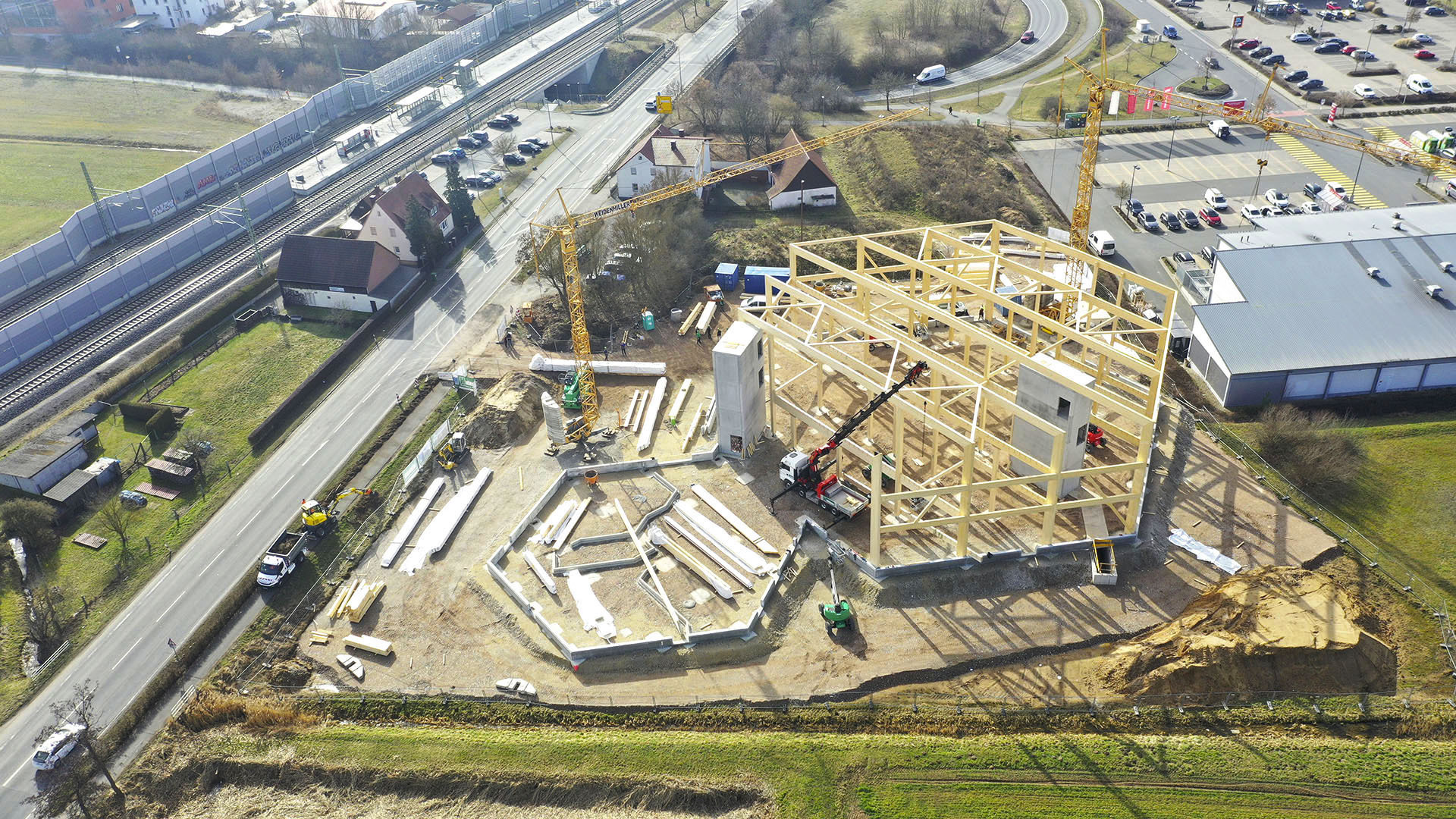Die Baustelle Boulderhalle auf einem Drohnenbild im Februar. Foto:  Rudolf Hörmann GmbH &amp; Co. KG