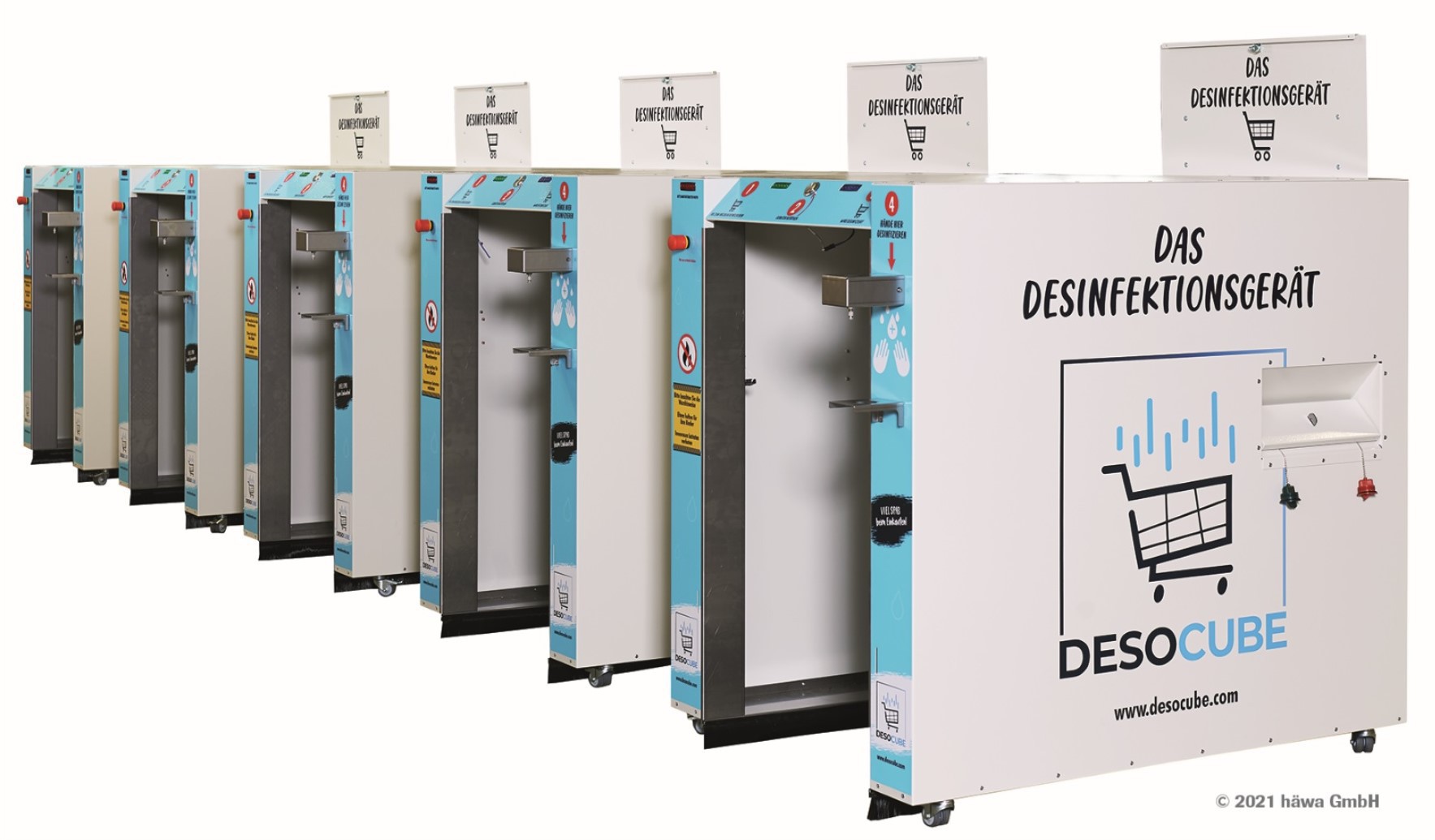 Der bei häwa produzierte DESO CUBE desinfiziert Einkaufswagen sorgfältig und effizient. Foto: häwa