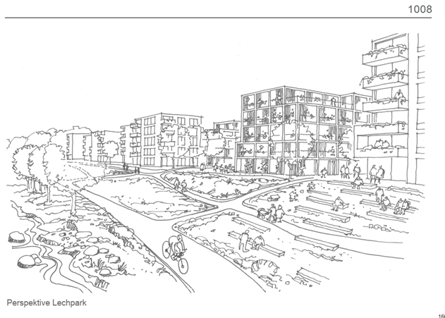 Entwurf aus der Perspektive vom Lechpark. Foto: der bK bueroKleinekort und lpundh architekten mit Welsner und Welsner Garten- und Landschaftsarchitekten.