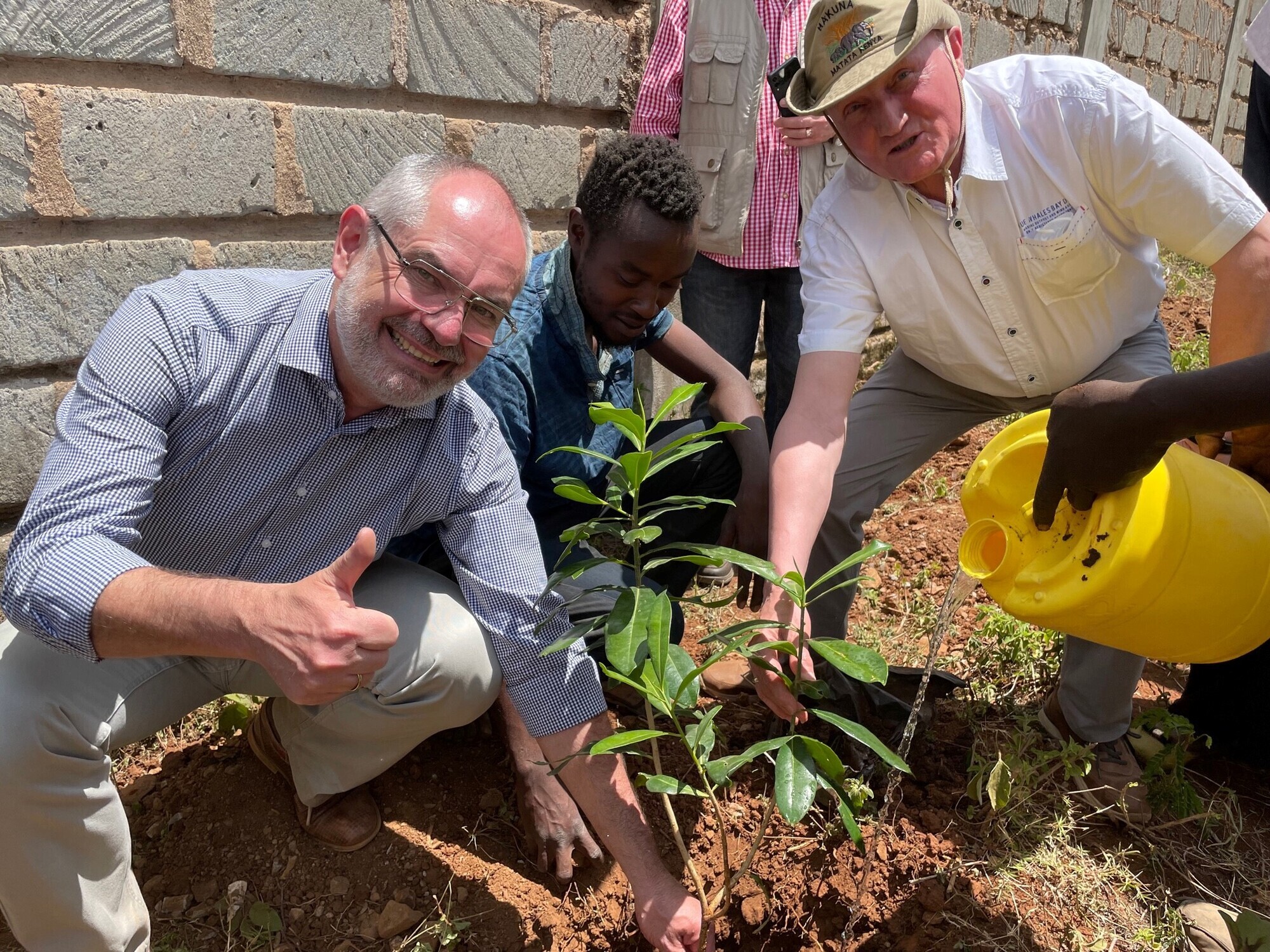 Michael Wörle, Erster Bürgermeister der Stadt Gersthofen, pflanzt gemeinsam mit Klaus Schwenk vom Verein ProKapsogo den ersten Baum der neuen Plantage für das Gersthofer 500-Bäume-Projekt. Bild: Stadt Gersthofen.