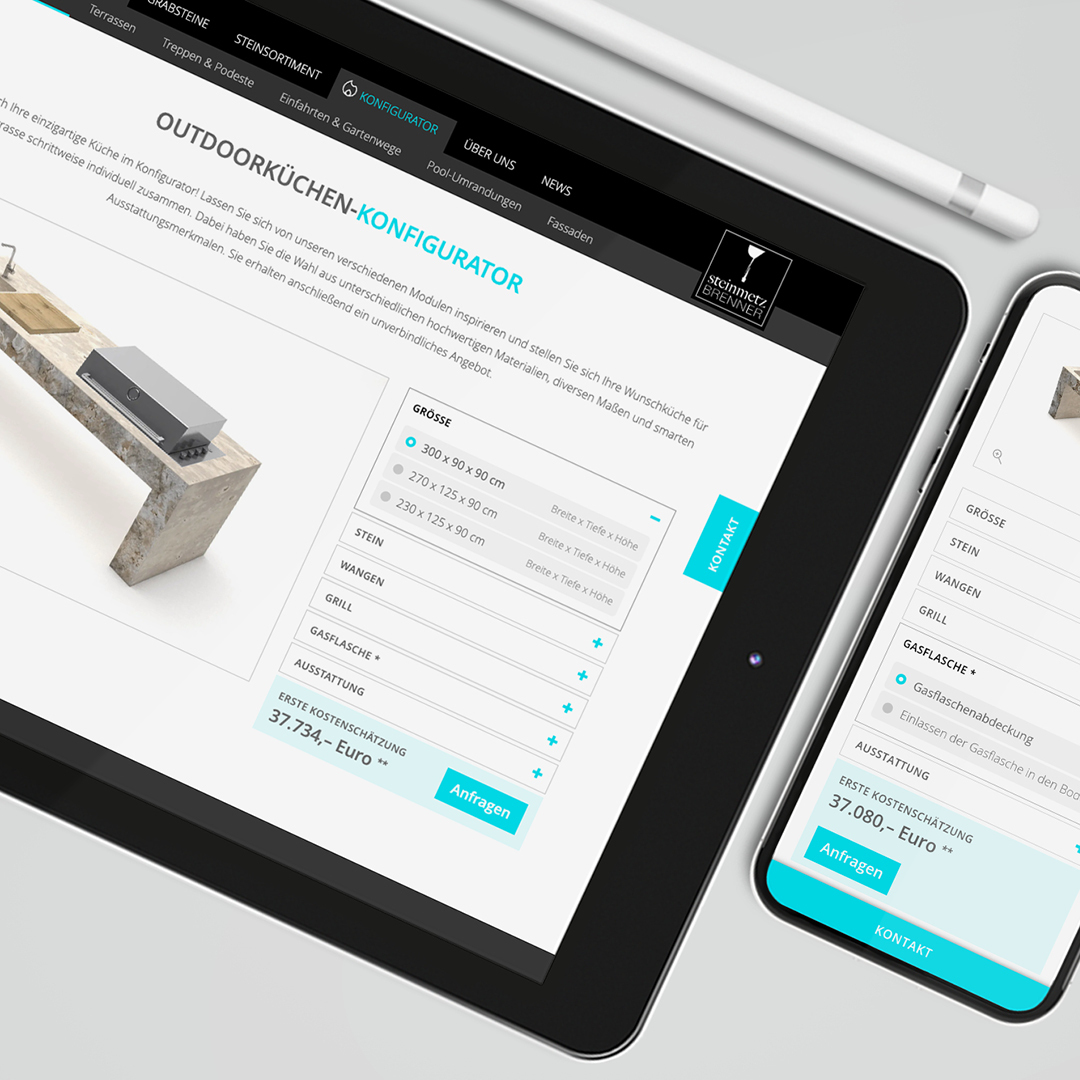 Ein nutzerfreundlicher Outdoorküchen-Kalkulator zur Inspiration und Information ist bei Steinmetz Brenner im Einsatz. Foto: Büro 5