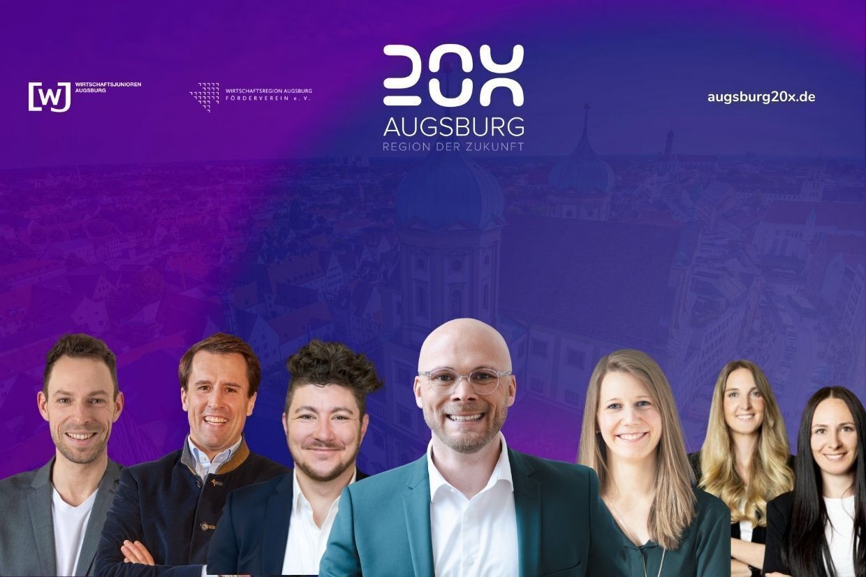 Die Experten und Expertinnen von Augsburg20X v.l.n.r.: Felix Behm, Sebastian Priller, Dennis Preiter, Dr. Fabian Mehring, Linda Mayr, Saskia Reuter und Franziska Bartenschlager.
