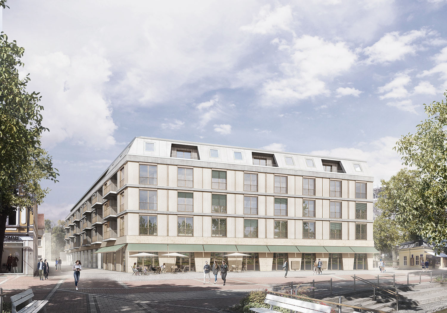 DAS STAMMHAUS liegt in der Fußgängerzone in Bad Wörishofen. Die ­Fertigstellung der Gewerbe­ und Wohnimmobilie ist für 2025 geplant. Foto: BiNova GmbH