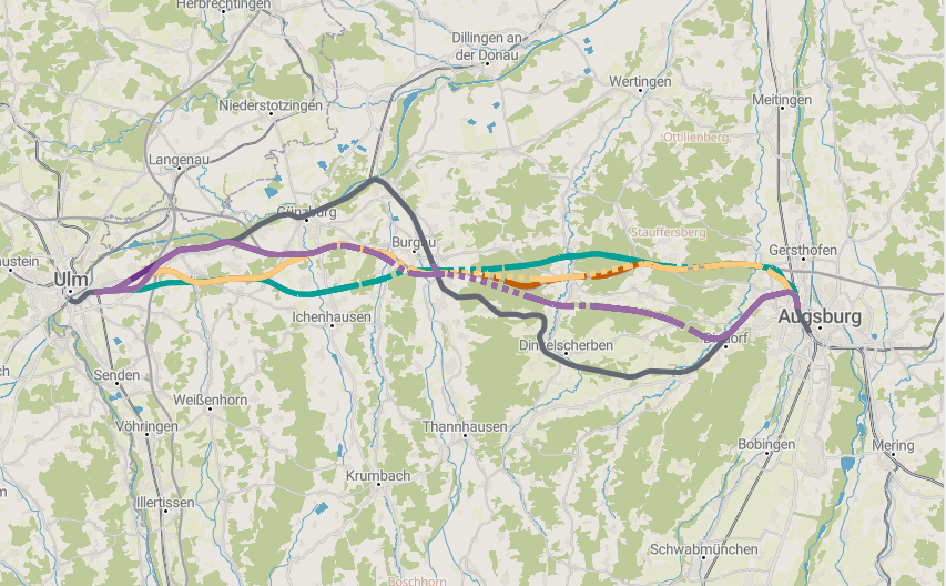 Die Trassenfindung für die Neubaustrecke Ulm–Augsburg, die seit 2020 im Gange ist, hat eine neue Phase erreicht. Diese Grobtrassierungen stehen zu Auswahl. Fotoquelle: Deutsche Bahn