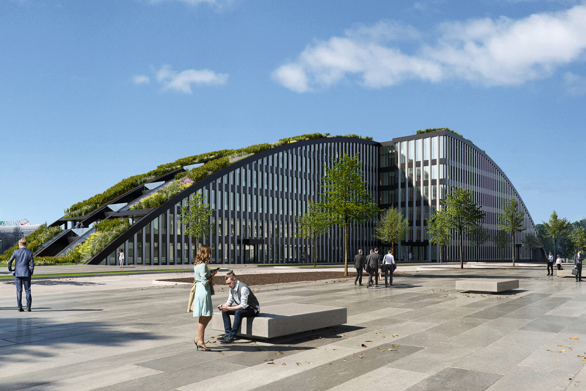Der Innovationsbogen im Süden Augsburgs, errichtet nach den Plänen des internationalen Stararchitekten Hadi Teherani, ist der neue Standort der Kanzlei SCHEIDLE &amp; PARTNER. Foto: WALTER Innovationsbogen, Visualisierung: Hadi Teherani Architects Panoptikon