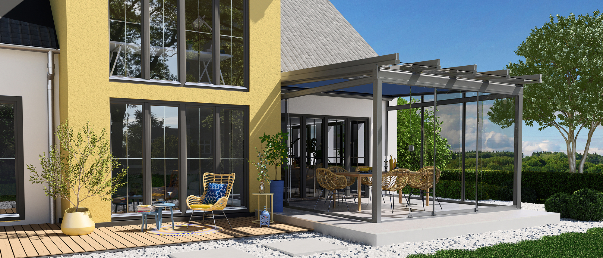 Die Terrassendächer von Erhardt eignen sich gut zur nachträglichen Erweiterung mit Glasschiebeelementen.