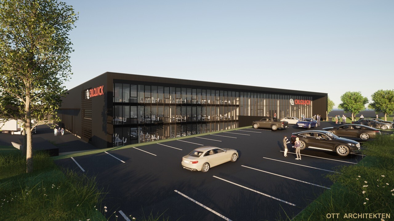 Rendering eines schwarzen Gebäudes mit Glasfront und großem Parkplatz
