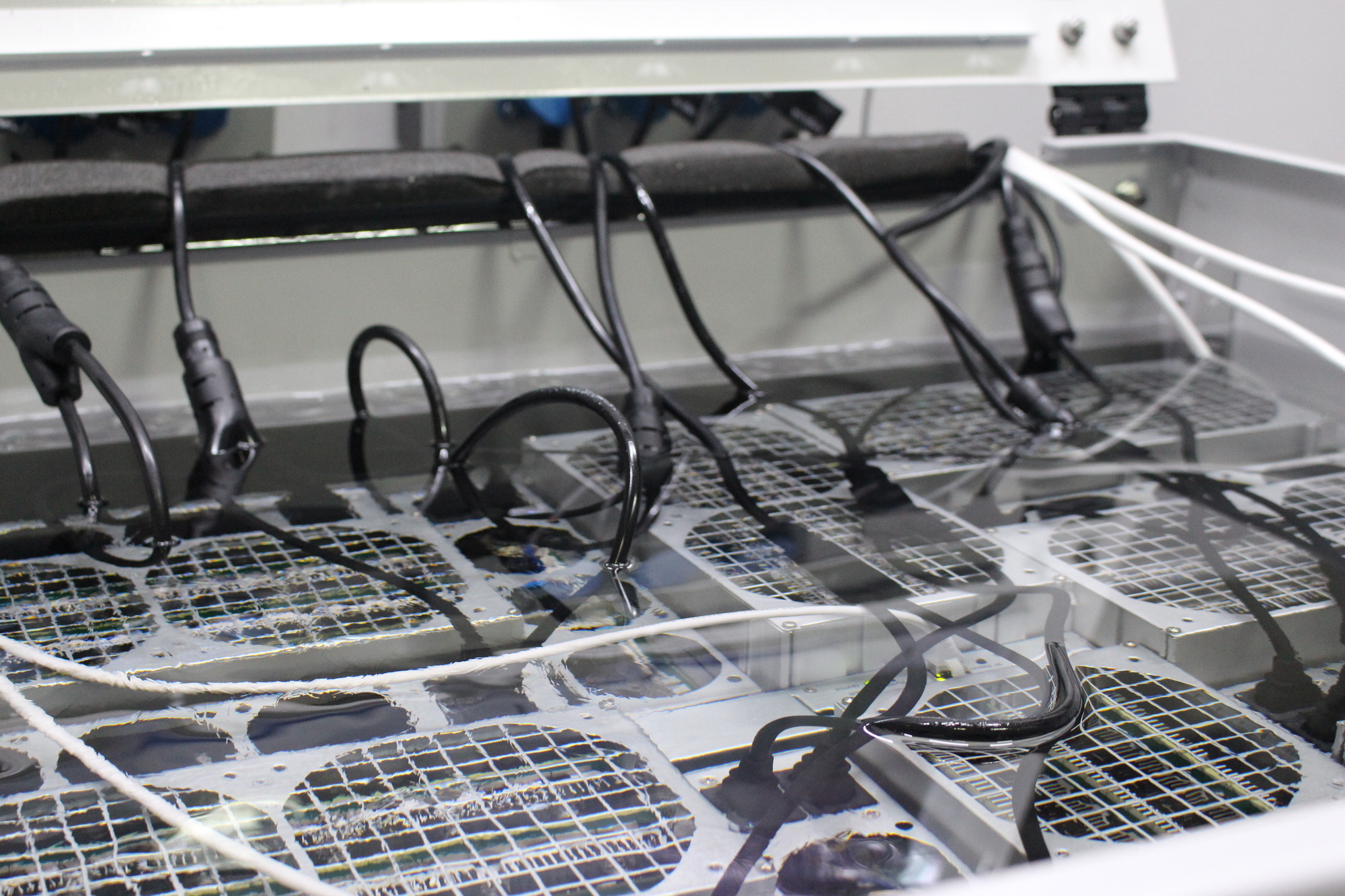 Diese Rechner für Bitcoin Mining stehen bei der Kläger Group in einer speziellen Flüssigkeit, die durch die Rechner erhitzt wird. Diese Abwärme kann dann in der Produktion oder für die Heizung genutzt werden. Foto: B4B/ Katharina Seeburger