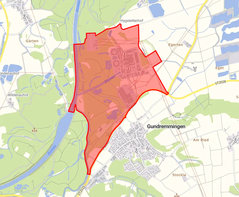 Dieser Bereich rund um das AKW Gundremmingen wird wegen der Sprengung gesperrt. Foto: Screenshot Bayern Atlas