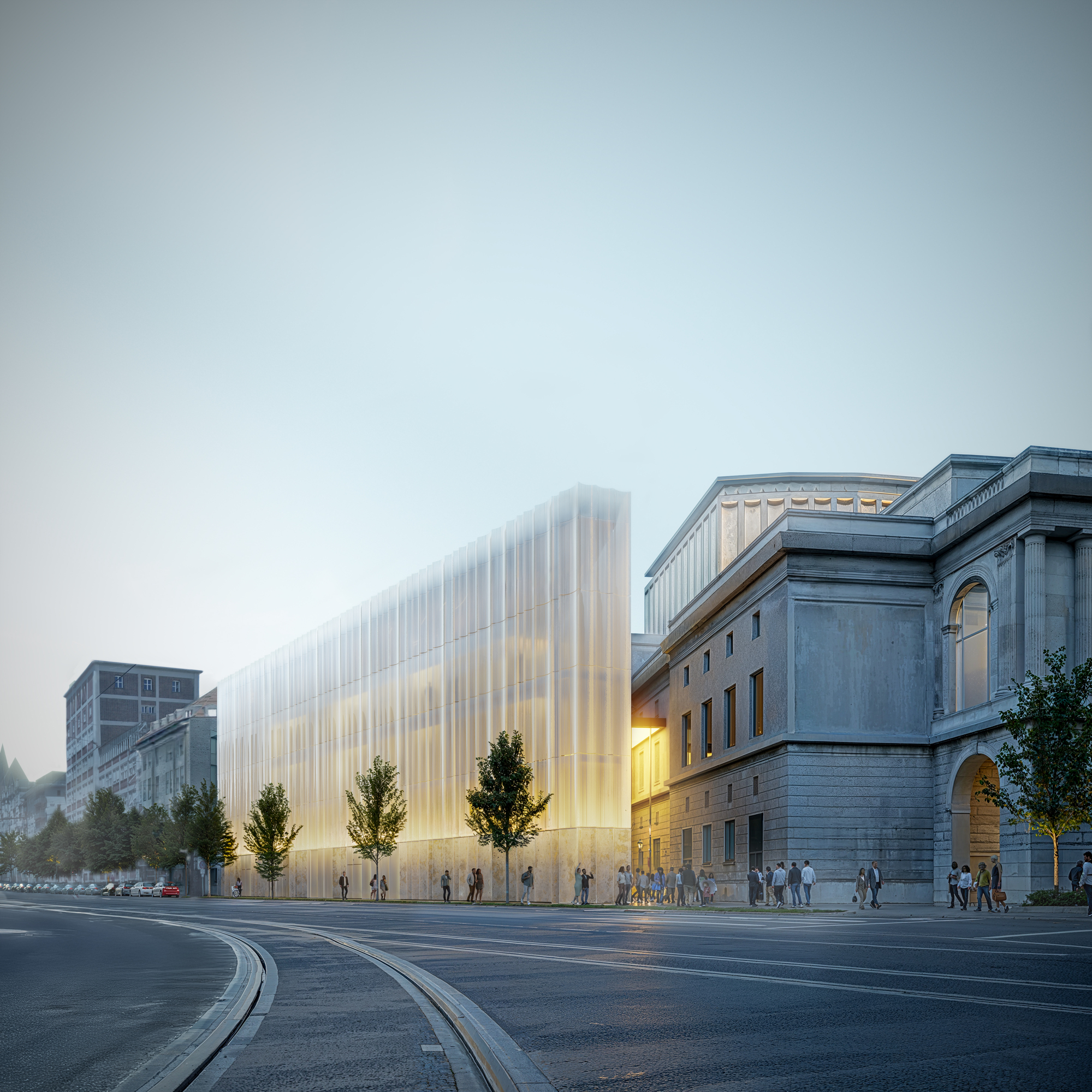 Das Kleine Haus am Staatstheater Augsburg soll eine halbdurchsichtige Glasfassade bekommen. Visalisierung: Henn GmbH