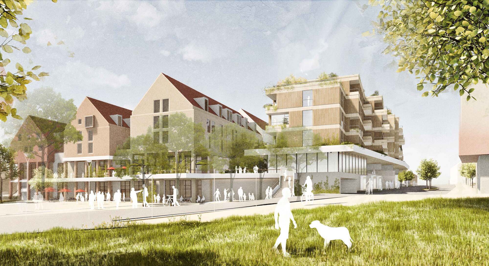 Das City Center Gersthofen mit potenzieller Nachverdichtung (Entwurf). Foto: Behnisch Architekten