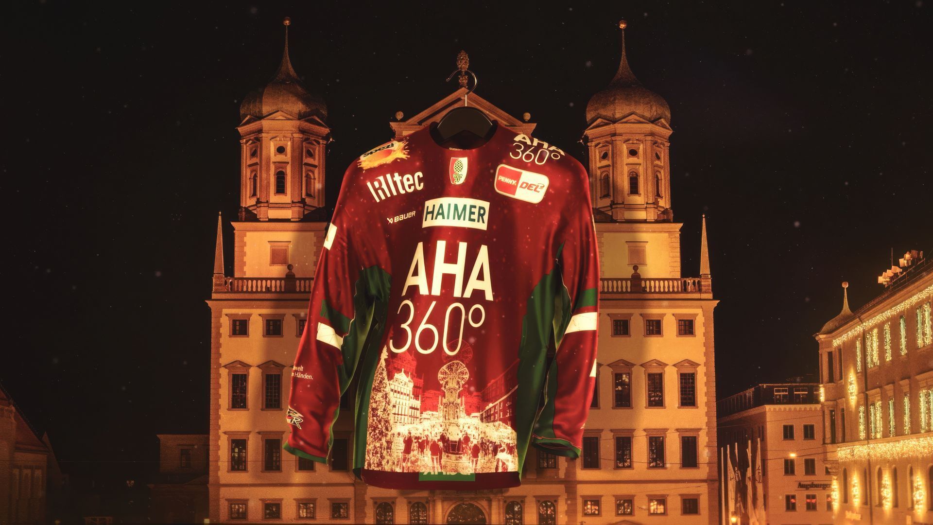 Das Weihnachtstrikots zeigt auf der Vorderseite den Christkindlesmarkt mit Christbaum und Pyramide in Blickrichtung Rathaus und