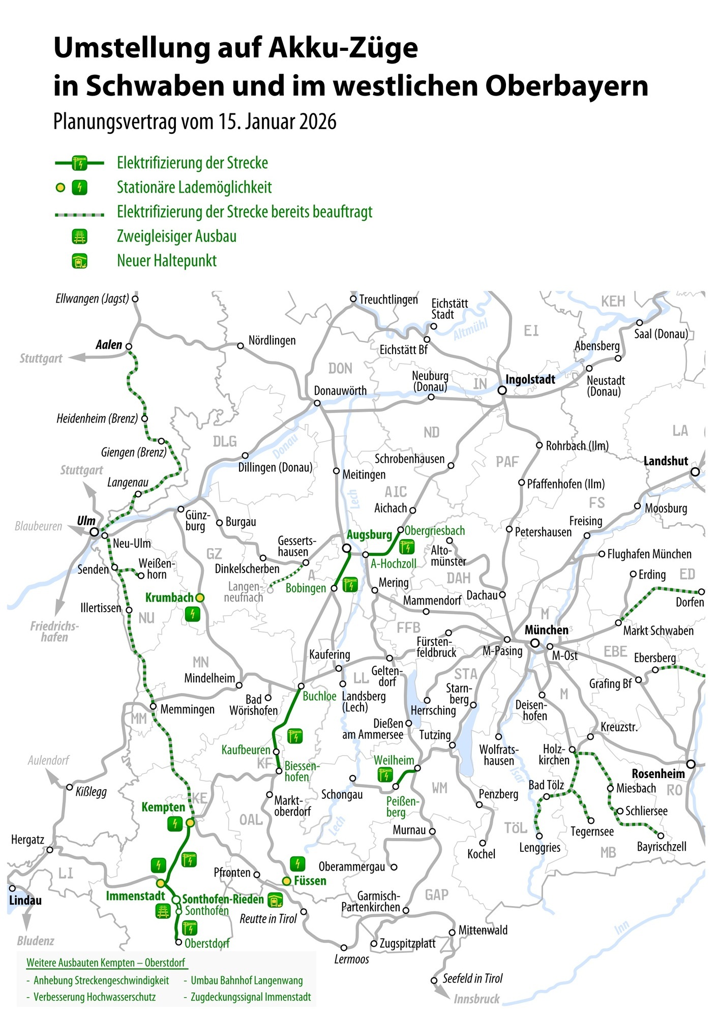 Übersicht: Diese Strecken in Bayerisch-Schwaben bekommen Oberleitungen und Ladestationen für Akku-Züge. Foto: Bayerisches Verkehrsministerium