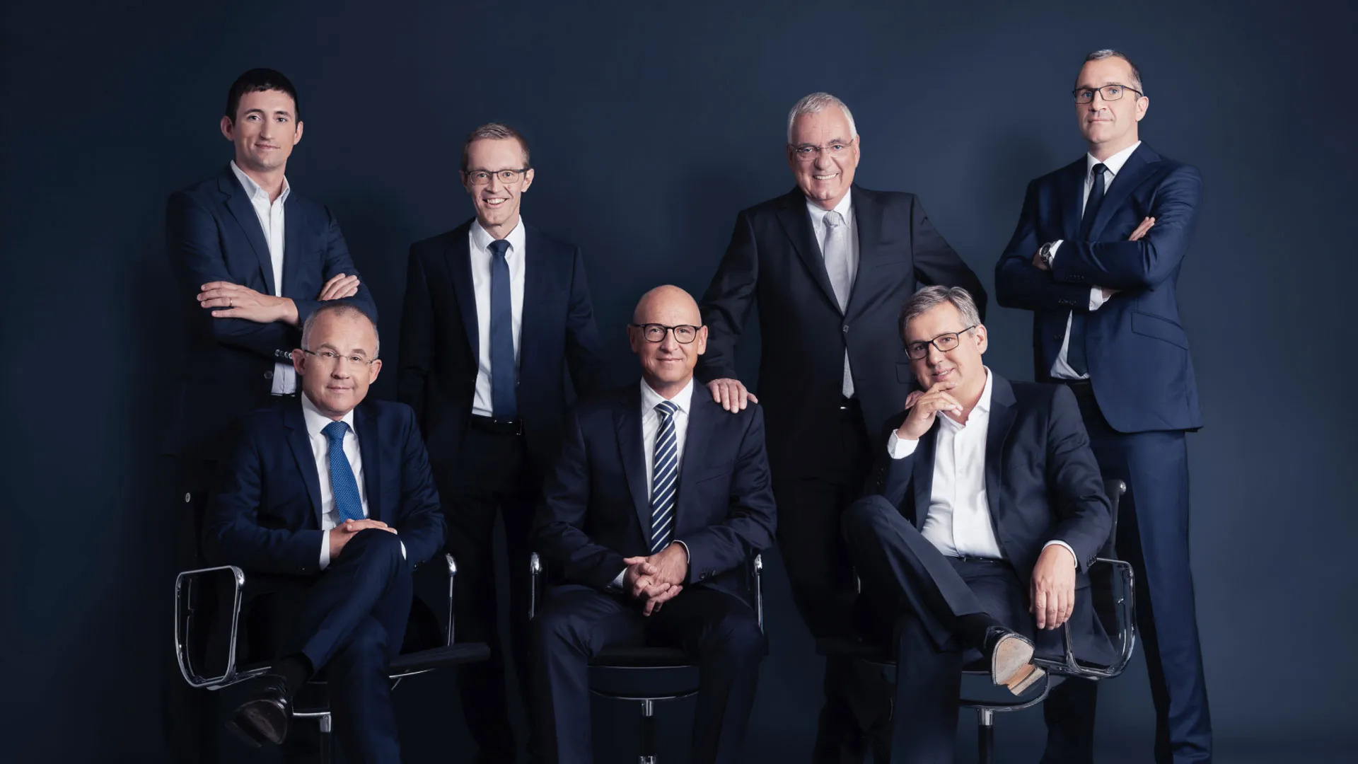 Die Partner von SWMP, oben von links: Markus Gun, Prof. Dr. Winfried Schwarzmann, Prof. Dr. Hartmut L. Schwab und Alexander Guggemos. Unten von links: Holger Hundseder, Hannes Mertl und Dr. Reiner Kappler. Foto: SWMP
