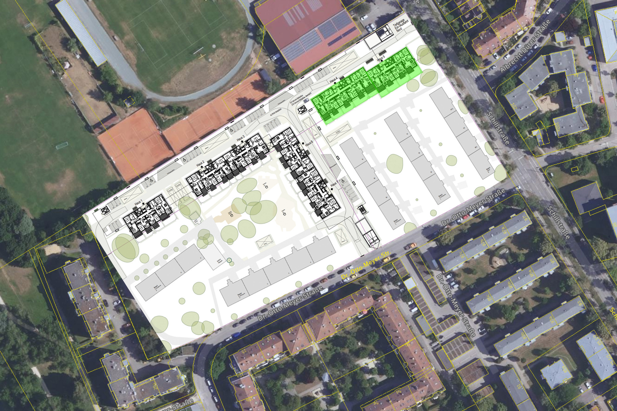 Die Abbildung zeigt die gesamte Wohnanlage an der Schillstraße, der erste Bauabschnitt mit 41 Wohneinheiten ist grün markiert. E