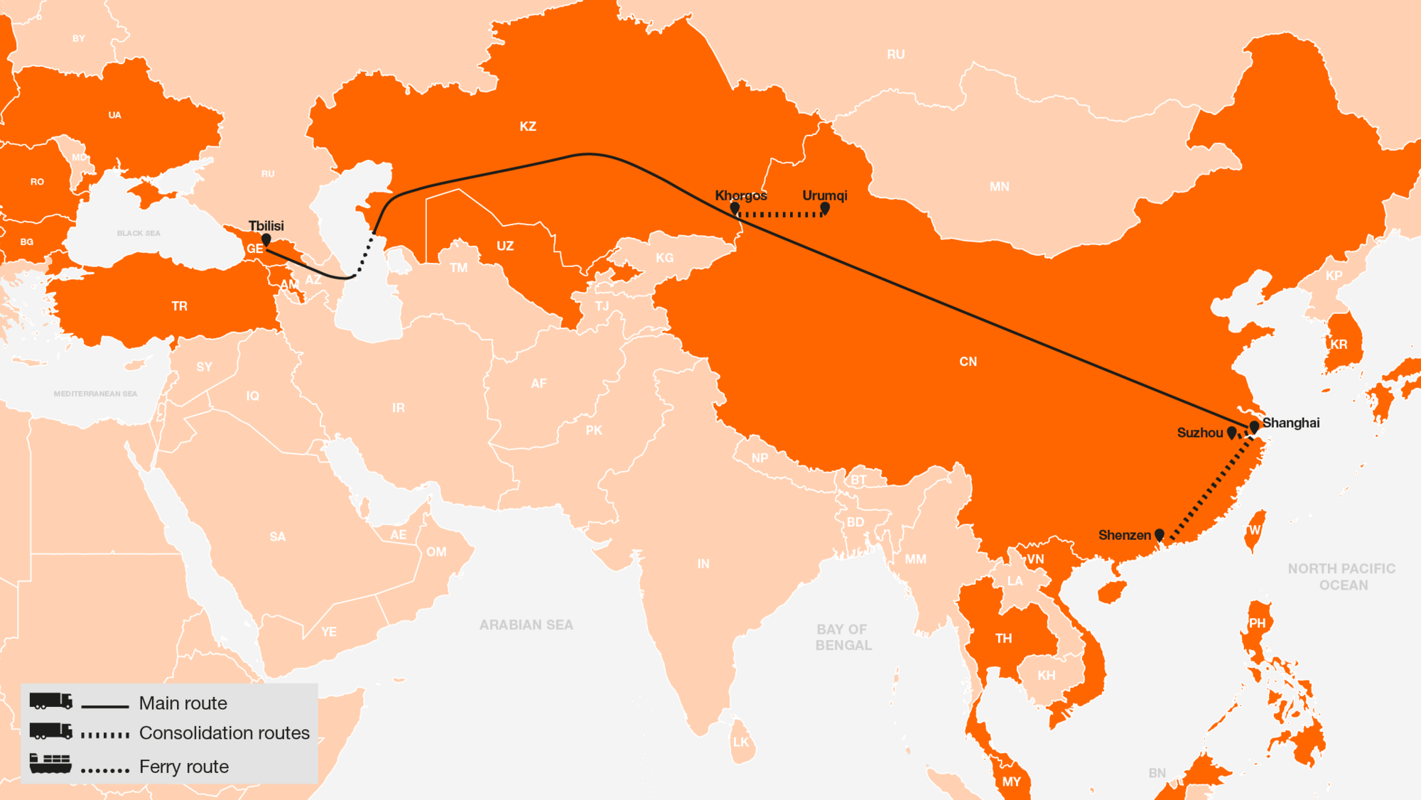 Über diesen Weg liefert Gebrüder Weiss künftig Waren von China nach Georgien aus. Foto: Gebrüder Weiss