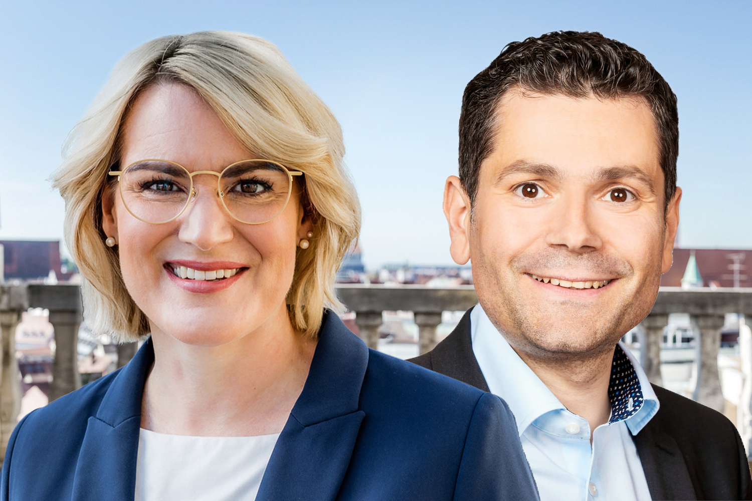 Wer wird Augsburgs Oberbürgermeister oder Oberbürgermeisterin? Eva Weber und Florian Freund treten in einer Stichwahl am 22. März gegeneinander an. Foto: Martin Augsburger, Stadt Augsburg / Nikky Maier