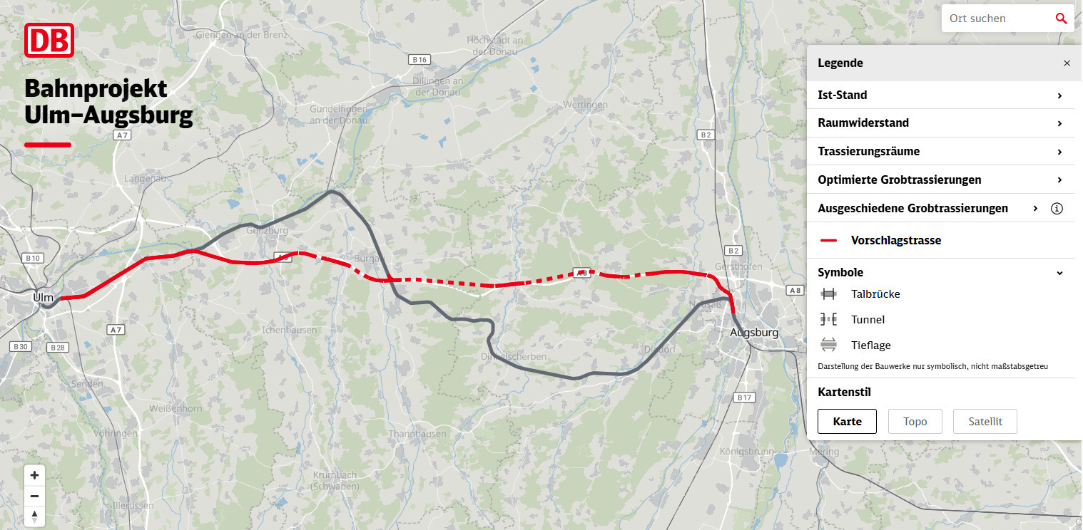 Die ICE-Neubaustrecke soll parallel zur A8 verlaufen. Die rot eingezeichnete Strecke zeigt die Vorschlagstrasse, die grau eingezeichnete die Bestandsstrecke. Foto: Screenshot, Deutsche Bahn