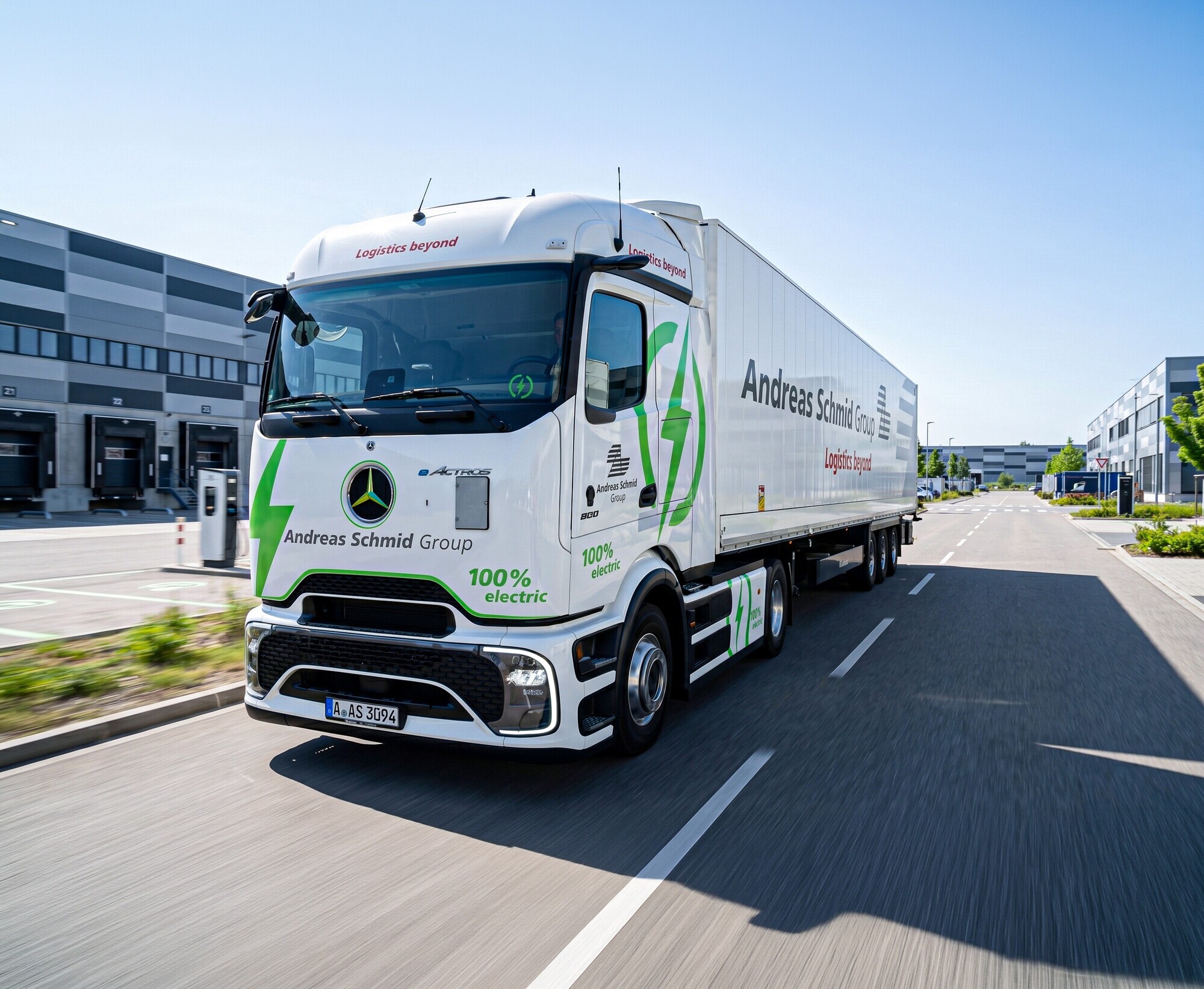 Die neuen eActros 600 der Andreas Schmid Group sind zwischen Gersthofen und Neuenstein in Hessen unterwegs.