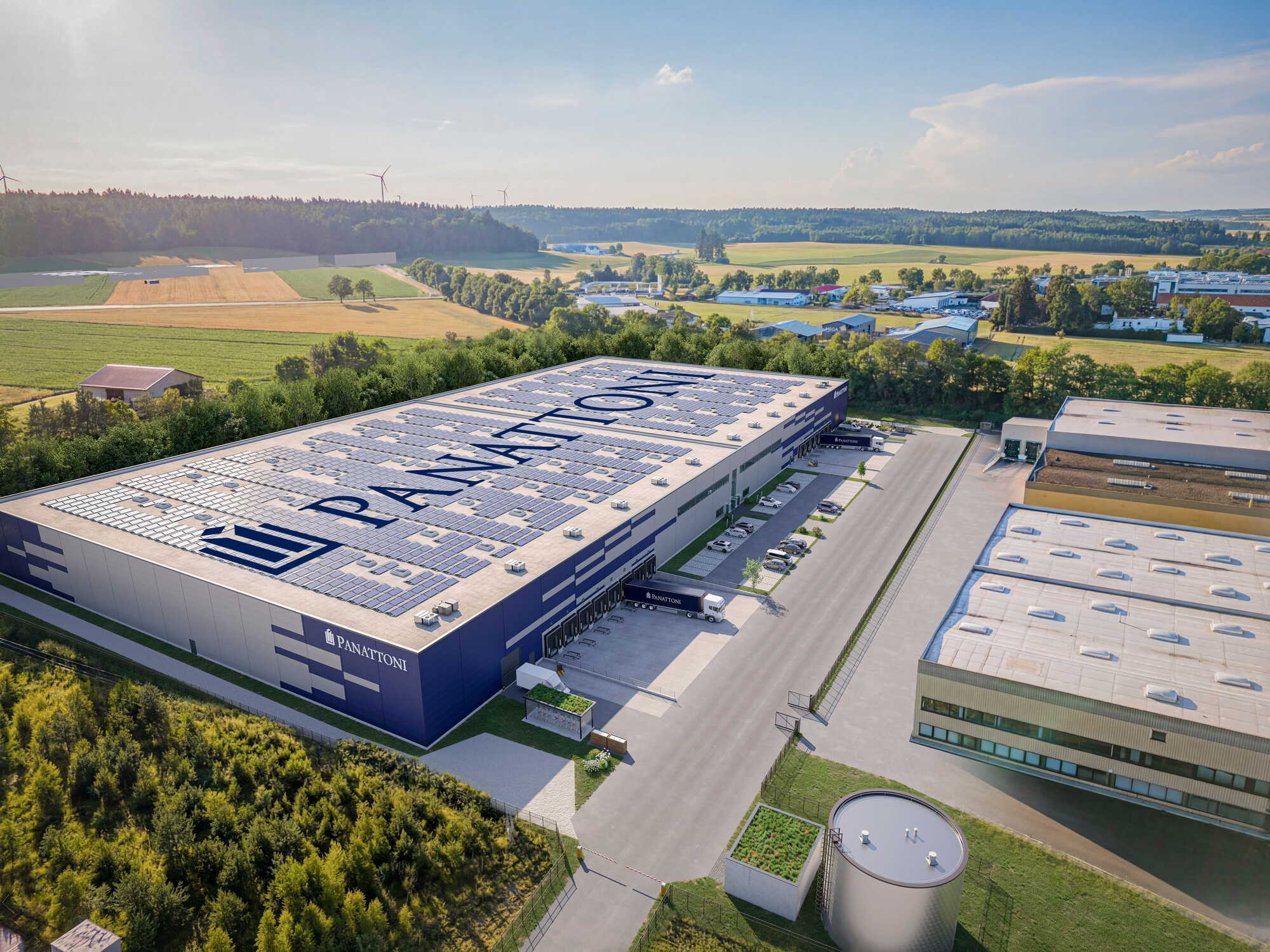 So soll der neue „Panattoni Park Augsburg Ost“ in Aichach aussehen. Rechts im Bild sind die vermieteten Bestandsgebäude zu sehen, die unberührt bleiben. Foto: Panattoni