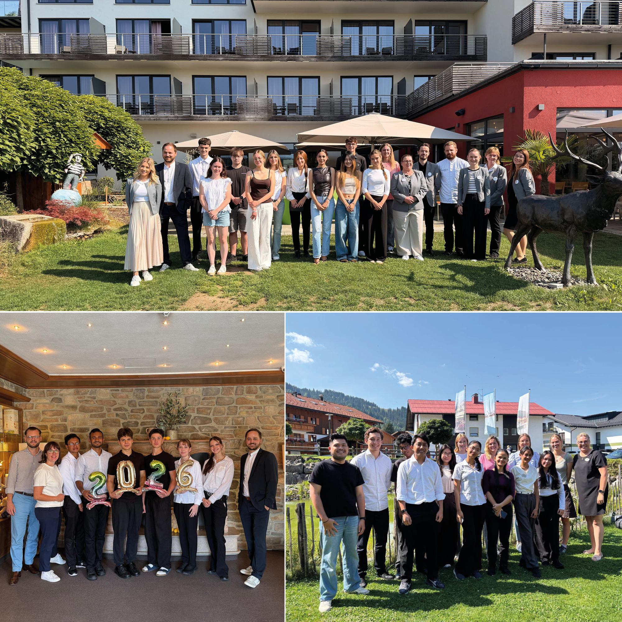 Die neuen Auszubildenden  bei den "Welcome Days" mit den Direktoren, Ausbildungsleitern und Personalverantwortlichen im Weitblick Allgäu (oben), Hotel Sommer (links) und das Panoramahotel Oberjoch (rechts).  Foto: Lerch Genusswelten